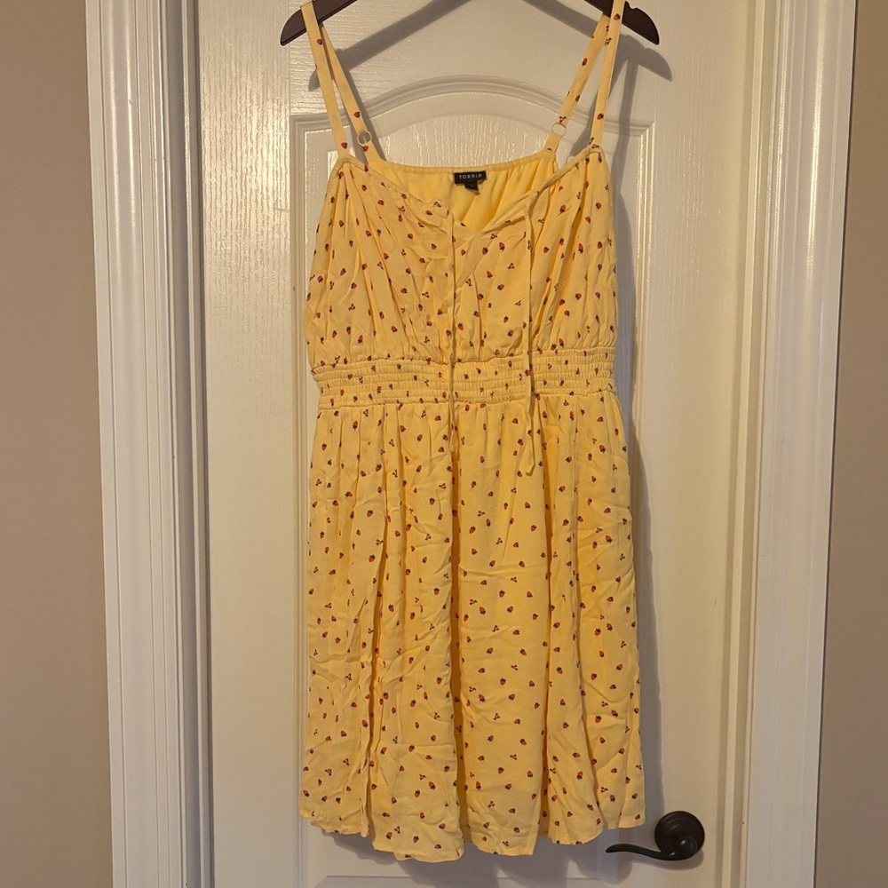 Torrid Mini Gauze Smocked Waist Dress in Strawberries Yellow 1X